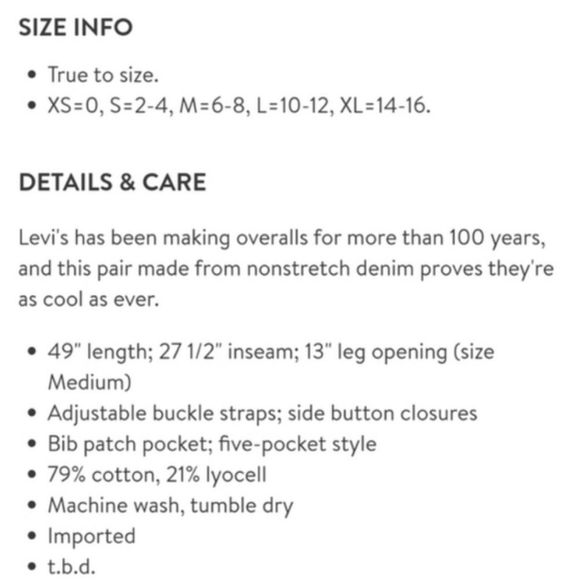 Levi’s Original Big Mouth Denim Overalls $128 S M L Dark Wash Womens Fre… - Picture 9 of 9